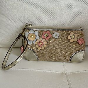 Coach Parchment Floral Natural Yute Gold Leather Trim Long Wristlet Wallet